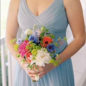 David’s Bridal Long Mesh Dress with Cowl Back Detail, Size 10, Dusty Blue